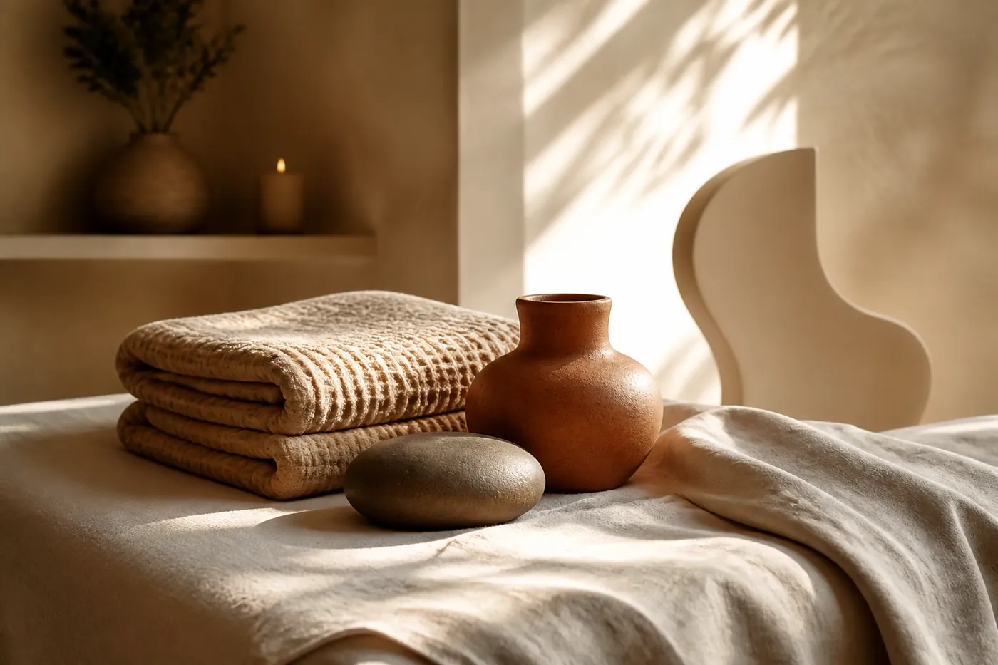 Tactile body-care still life on a sunlit treatment bench