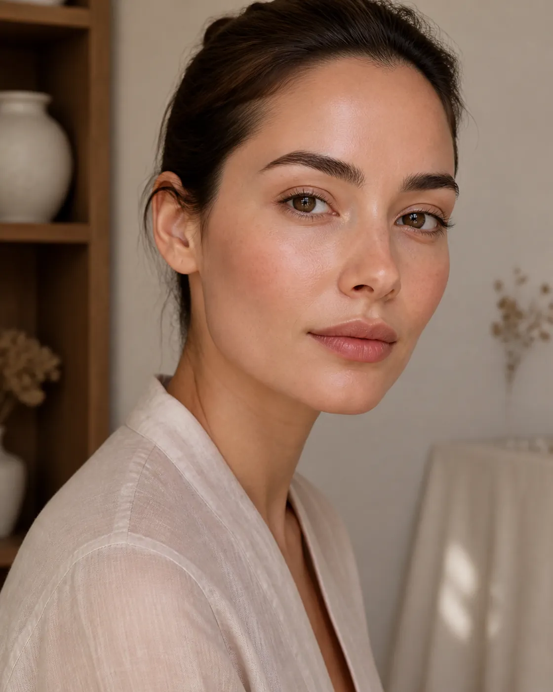 Close editorial portrait focused on natural brows and lashes