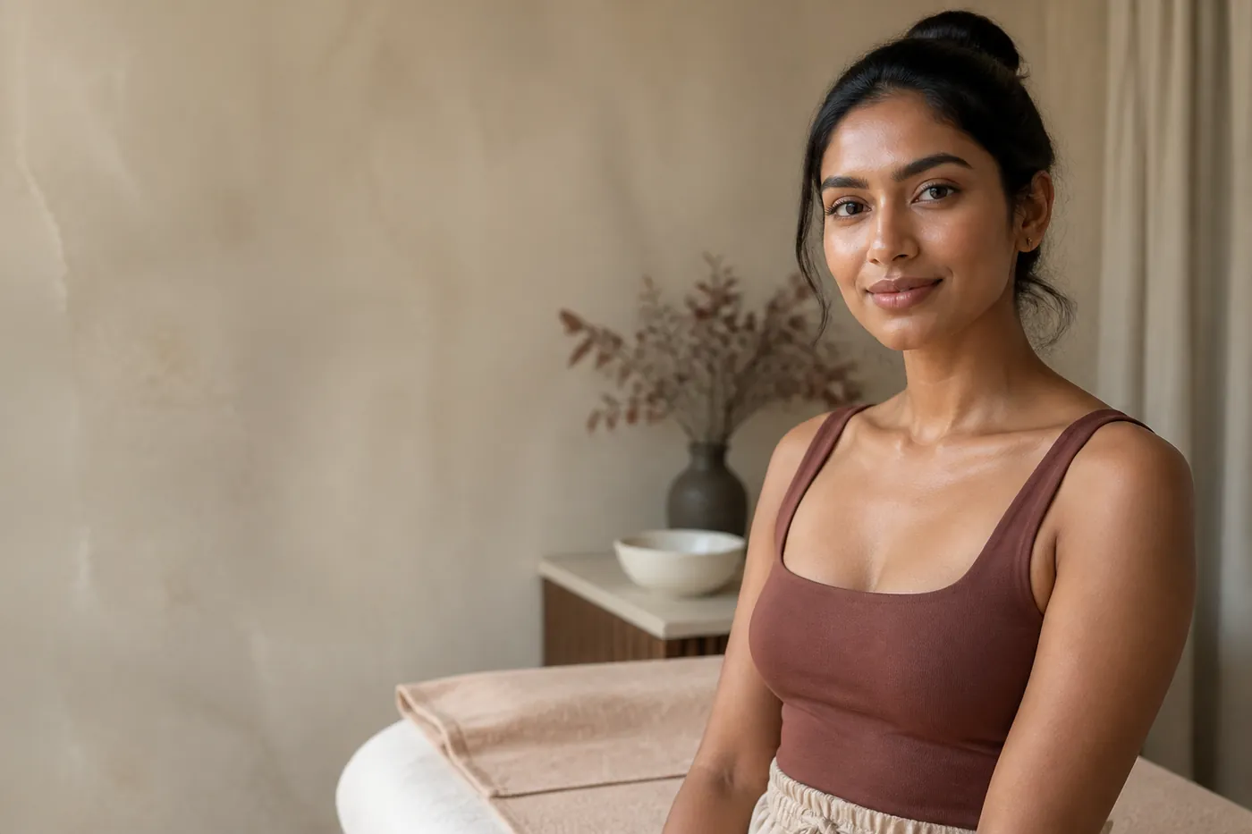 Editorial portrait in a softly lit beauty studio